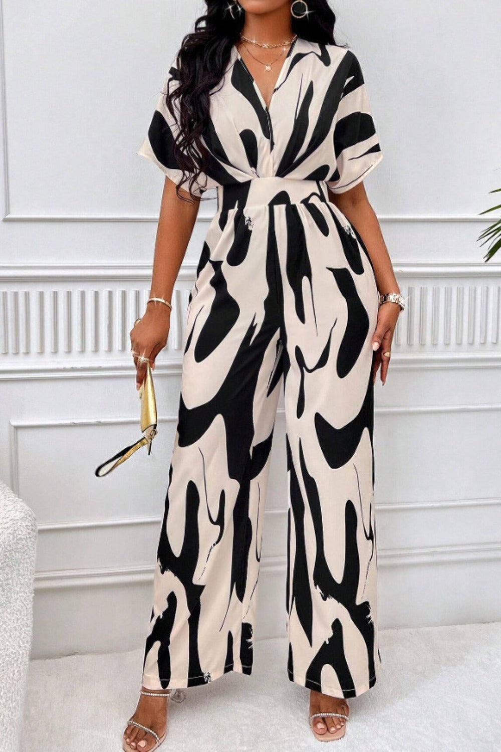 Printed V-Neck Short Sleeve Wide Leg Jumpsuit - Black / S