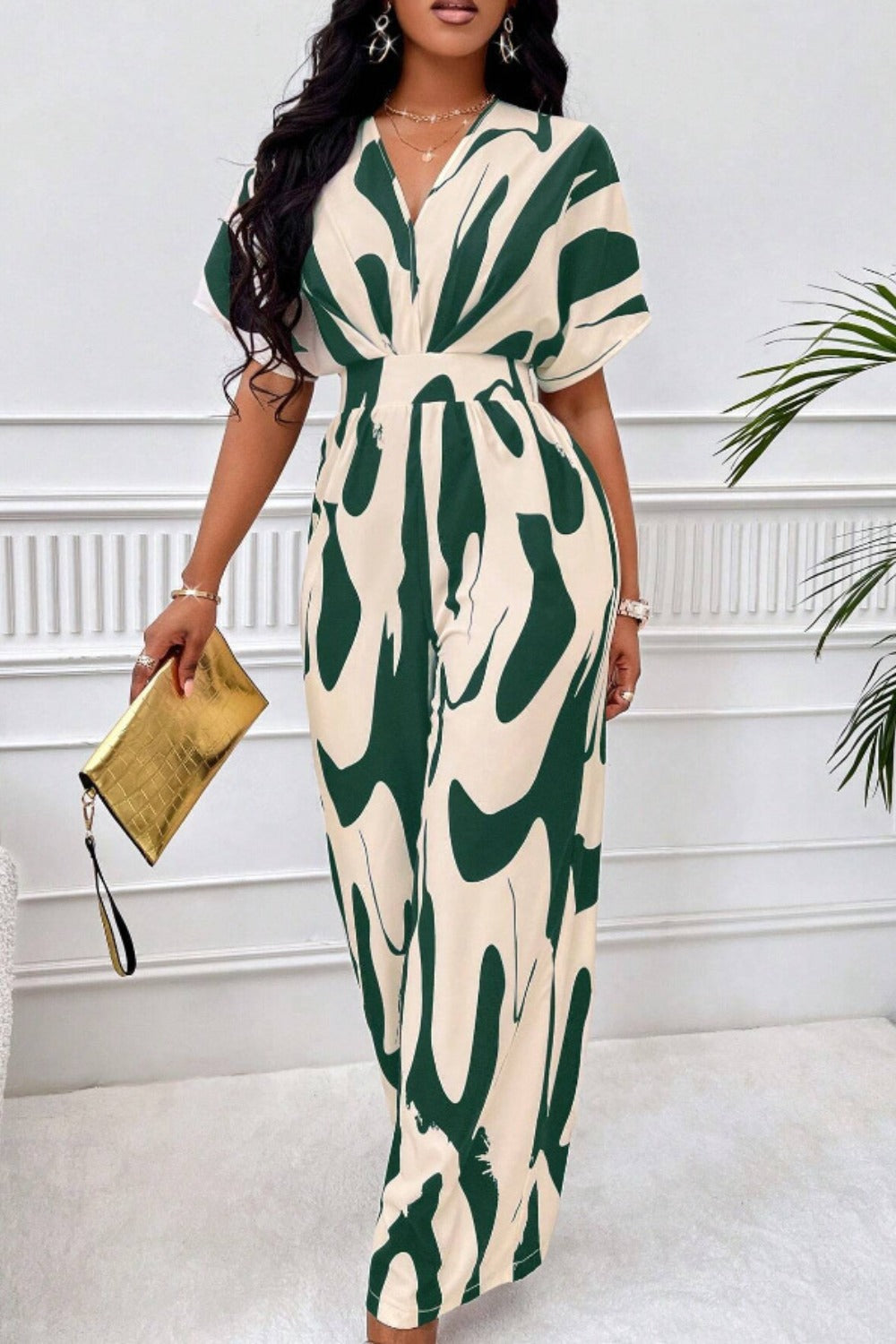 Printed V-Neck Short Sleeve Wide Leg Jumpsuit - Dark Green / S