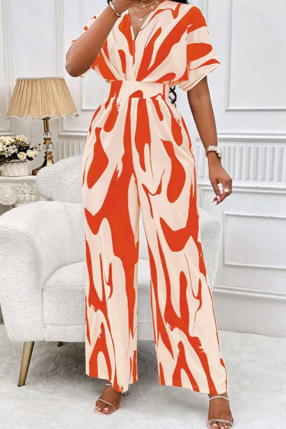 Printed V-Neck Short Sleeve Wide Leg Jumpsuit - Orange / S