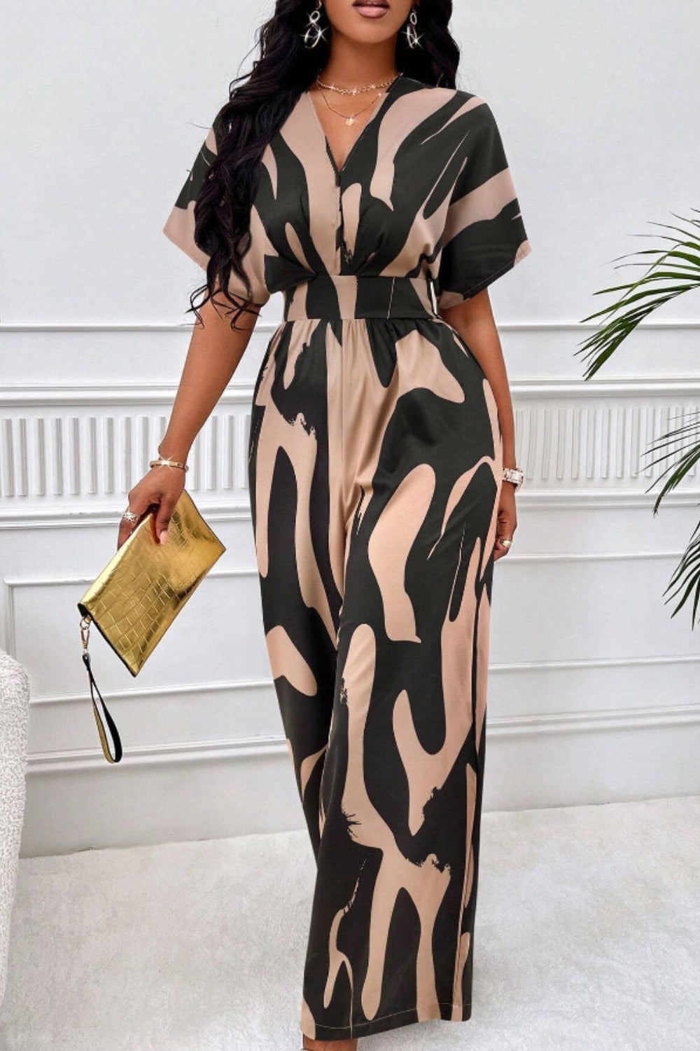 Printed V-Neck Short Sleeve Wide Leg Jumpsuit - Taupe / S
