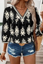 Printed V-Neck Three-Quarter Sleeve Blouse - Black / M