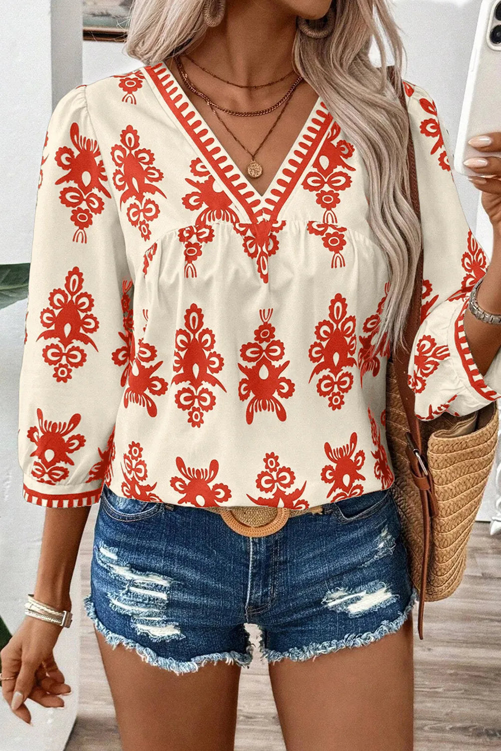 Printed V-Neck Three-Quarter Sleeve Blouse - Orange / M