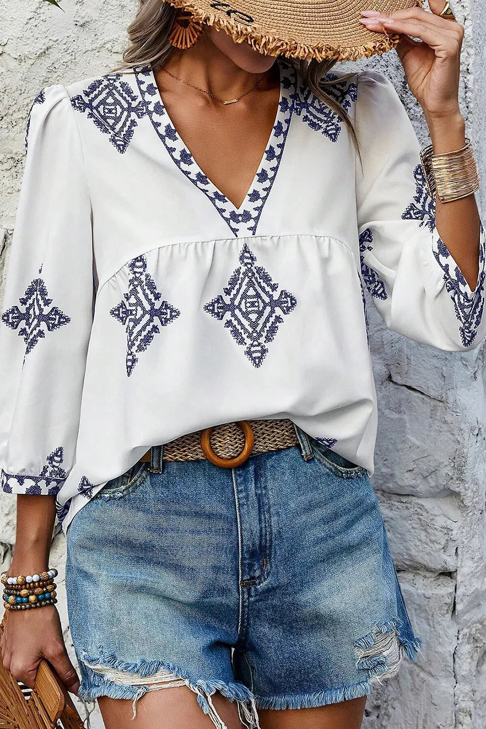 Printed V-Neck Three-Quarter Sleeve Blouse - White / S