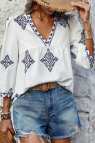 Printed V-Neck Three-Quarter Sleeve Blouse - White / S