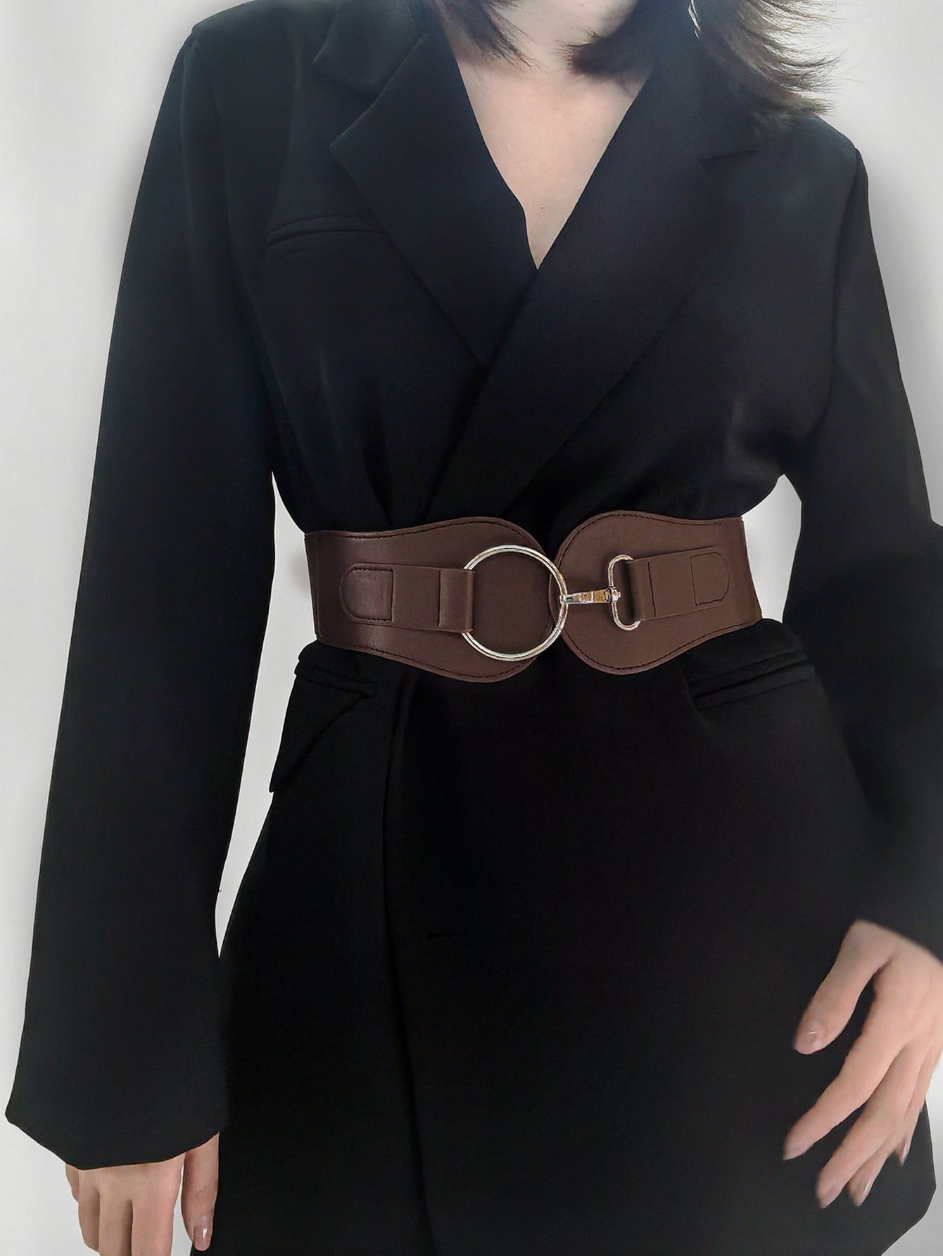 PU Elastic Wide Belt - Brown / One Size