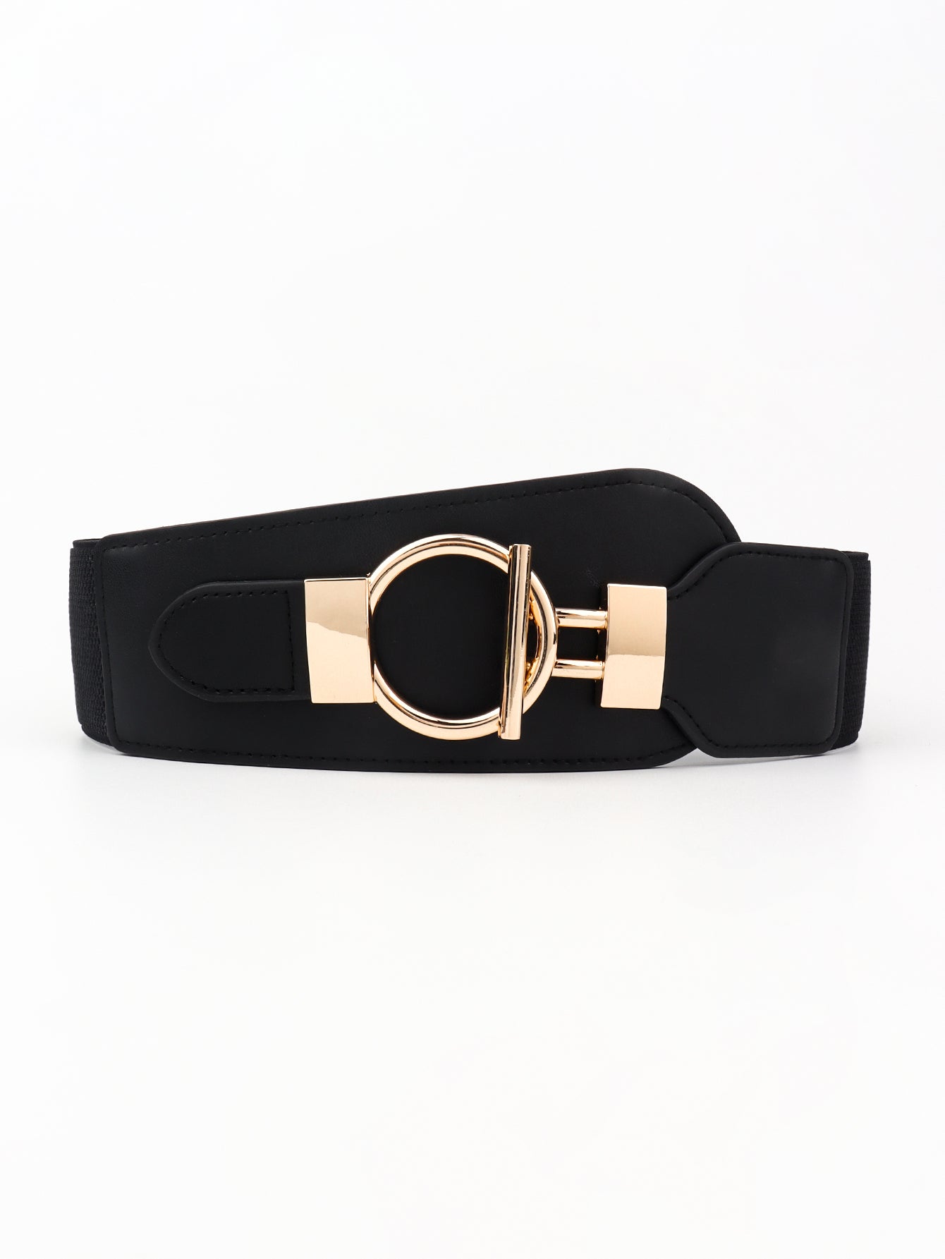 PU Elastic Wide Belt with Alloy Buckle - Black / One Size
