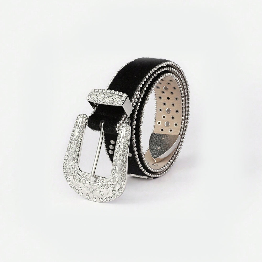 PU Leather Inlaid Rhinestone Belt - Black / S