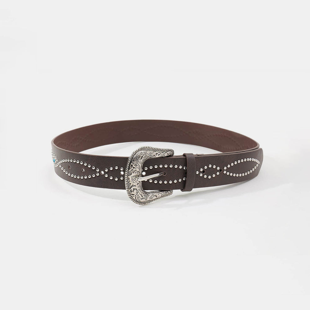 PU Leather Rhinestone Belt - Coffee Brown / S