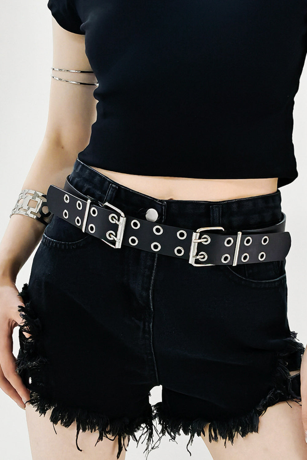 PU Leather Two Row Eyelet Belt - Black / One Size