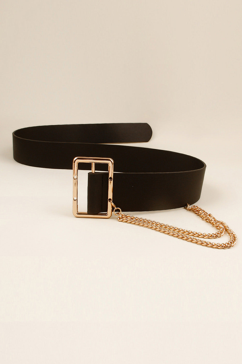 PU Leather Wide Belt with Chain - Black / One Size