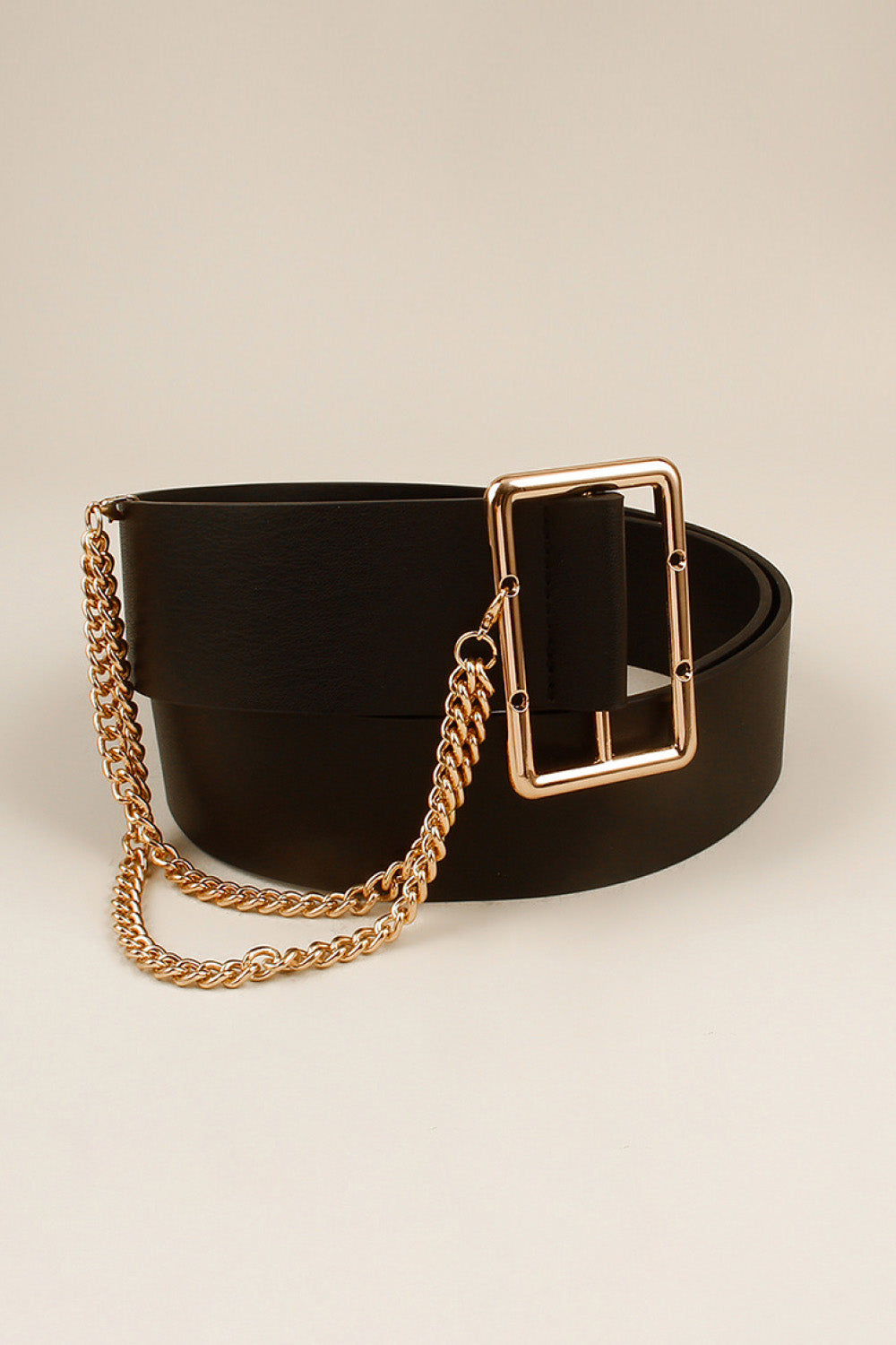 PU Leather Wide Belt with Chain - Black / One Size