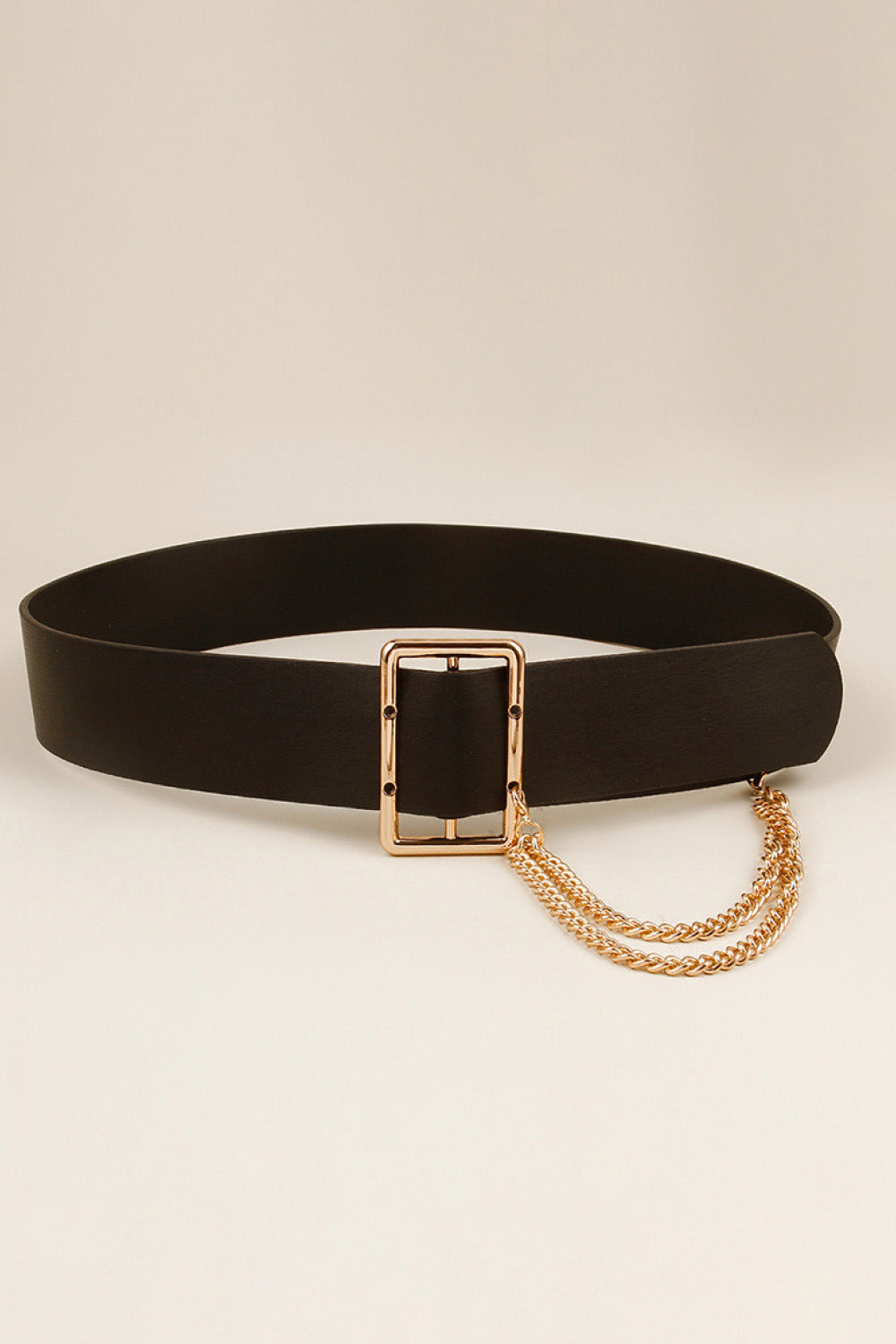 PU Leather Wide Belt with Chain - Black / One Size