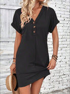 Quarter Button V-Neck Short Sleeve Dress - Black / S