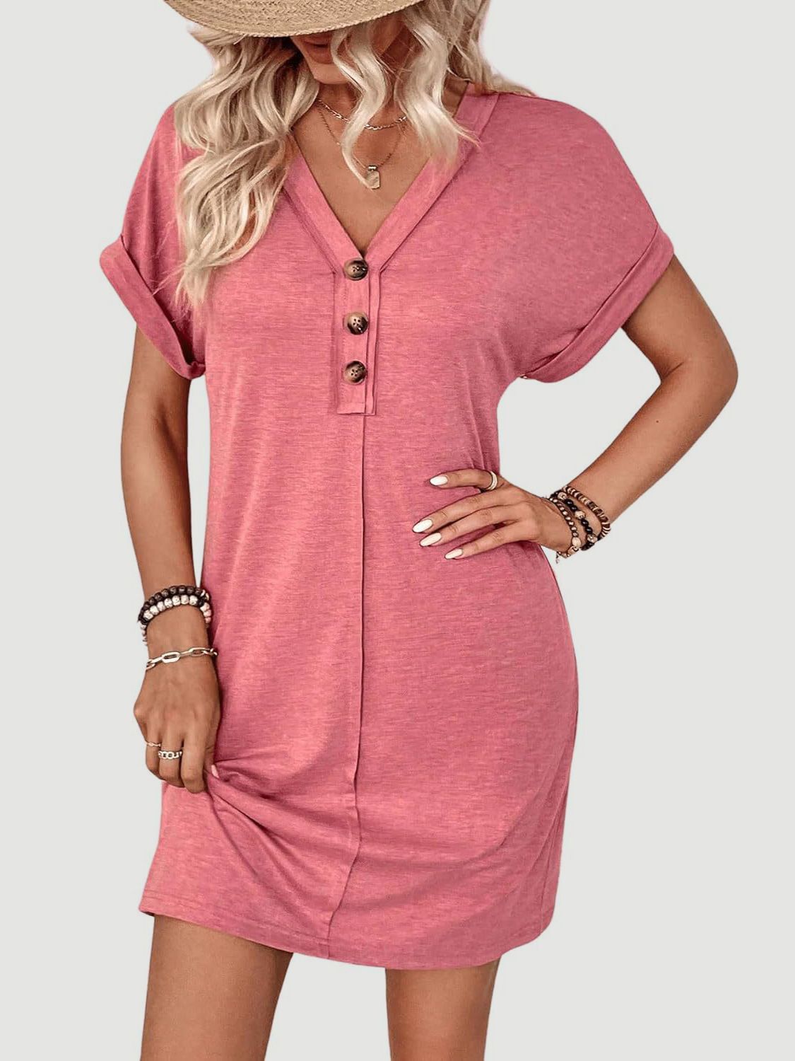 Quarter Button V-Neck Short Sleeve Dress - Burnt Coral / S