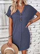 Quarter Button V-Neck Short Sleeve Dress - Dark Blue / S