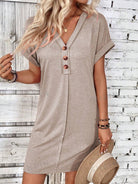 Quarter Button V-Neck Short Sleeve Dress - Dust Storm / S