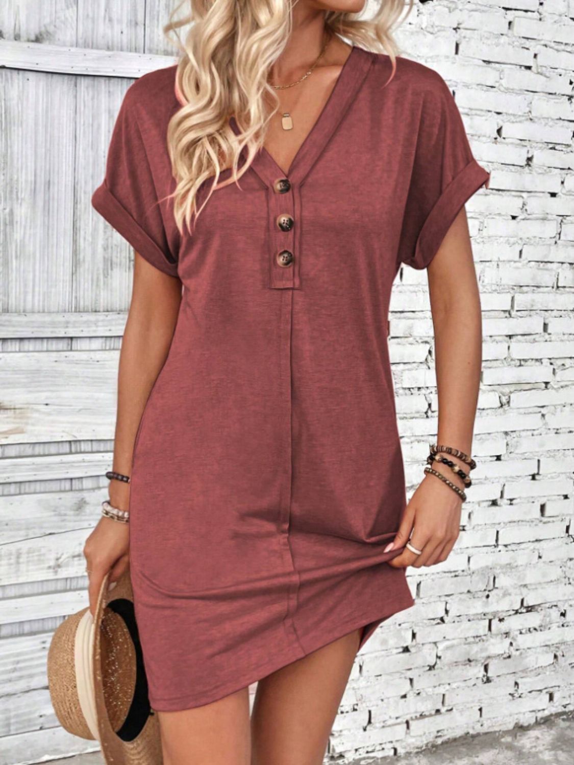 Quarter Button V-Neck Short Sleeve Dress - Rust / S