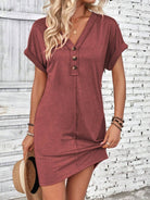 Quarter Button V-Neck Short Sleeve Dress - Rust / S