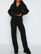 Quarter Zip Long Sleeve Top and Pants Set - Black / One Size