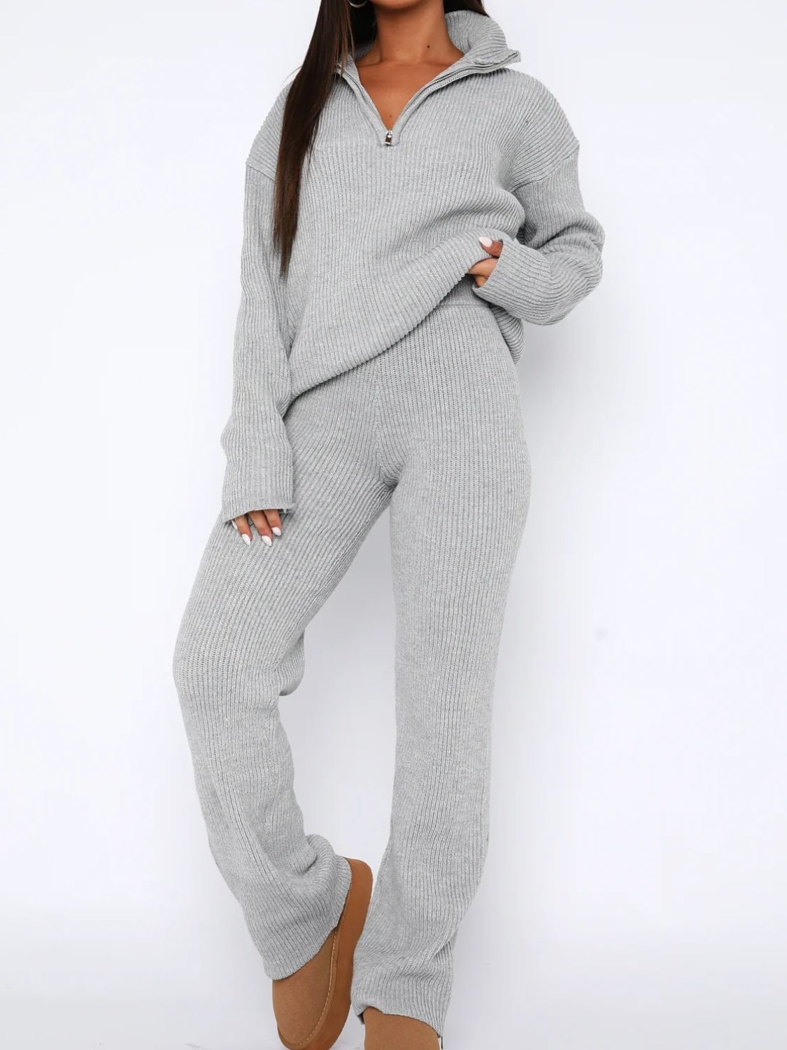 Quarter Zip Long Sleeve Top and Pants Set - Gray / One Size