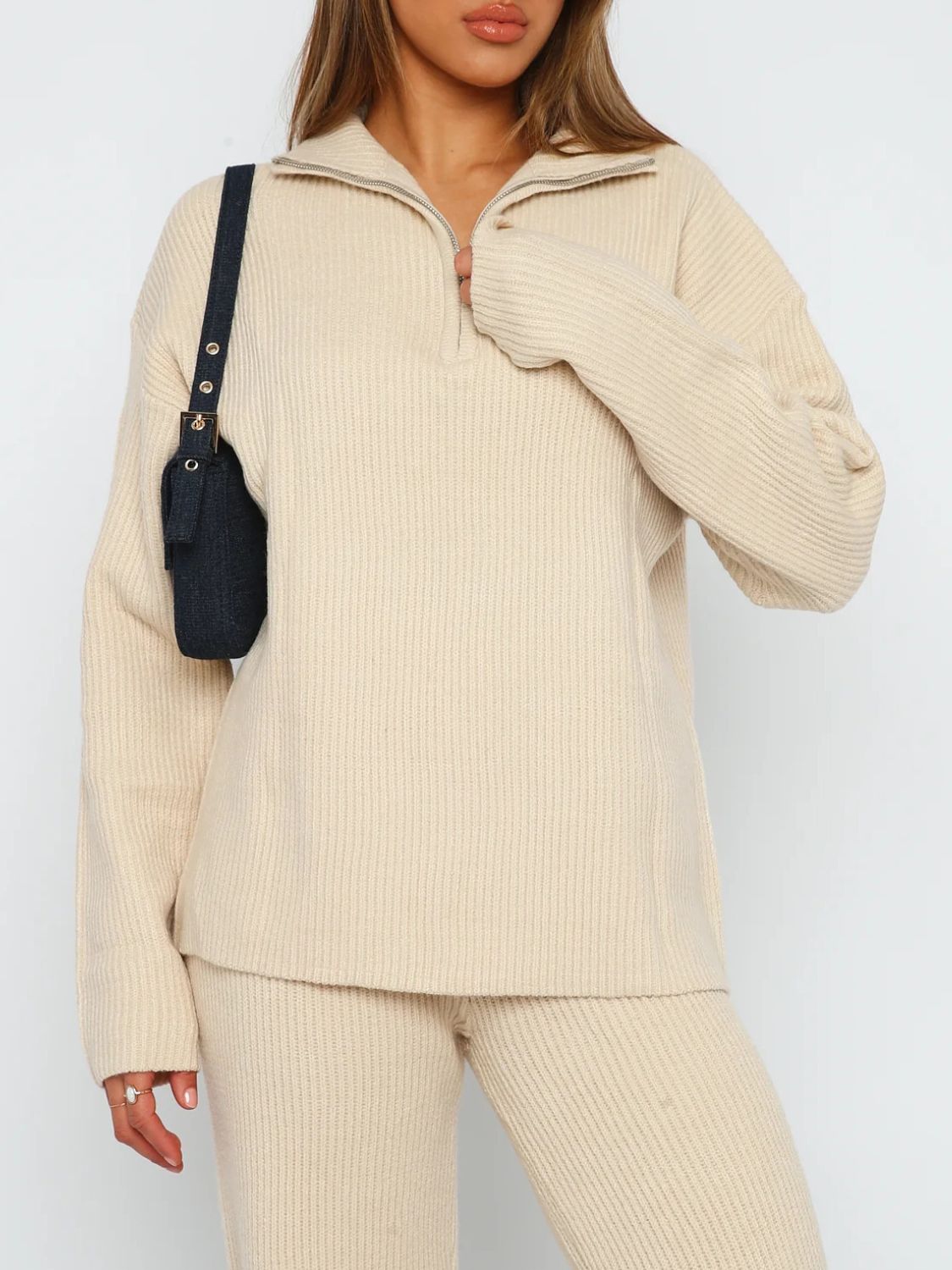 Quarter Zip Long Sleeve Top and Pants Set - Tan / One Size