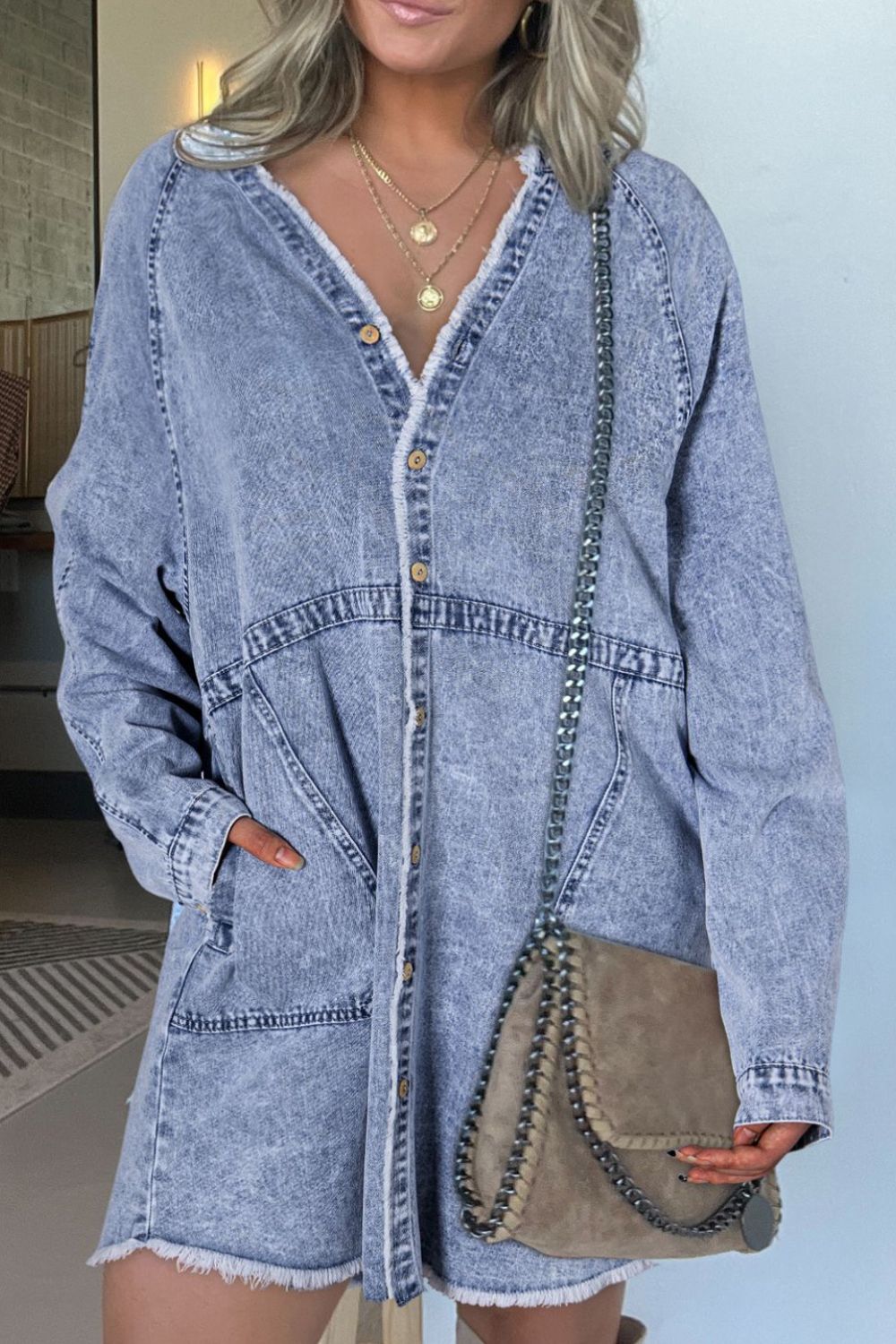 Raw Hem Button Down Long Sleeve Denim Dress - Medium / S