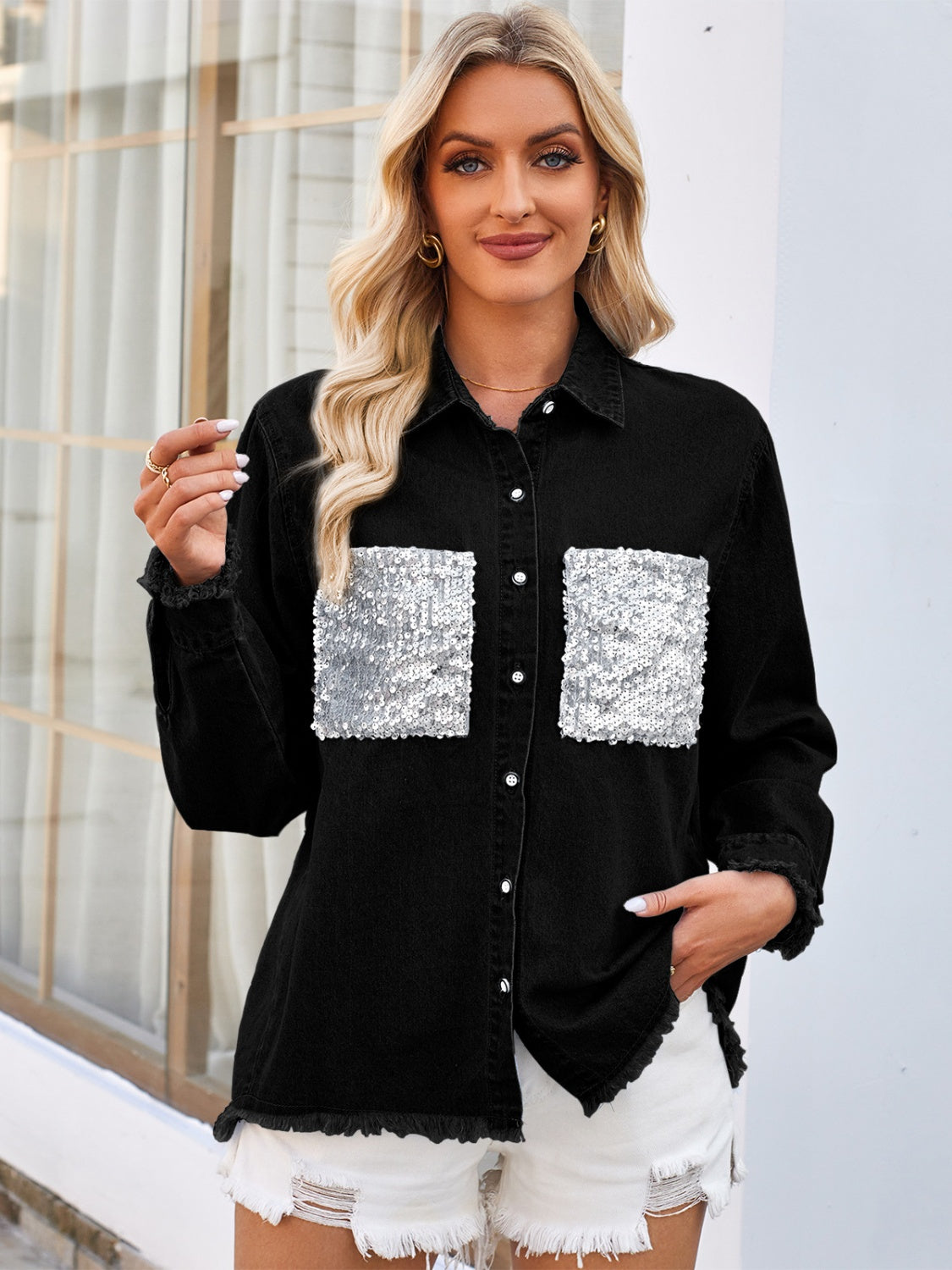 Raw Hem Button Up Long Sleeve Denim Jacket with Sequin Pockets - Black / S