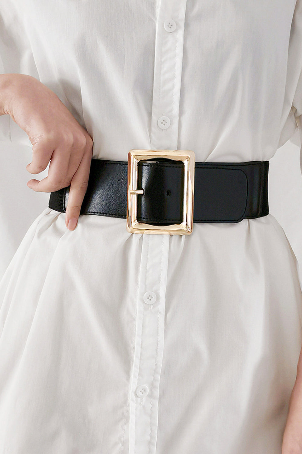 Rectangle Buckle Elastic Wide Belt - Black / One Size