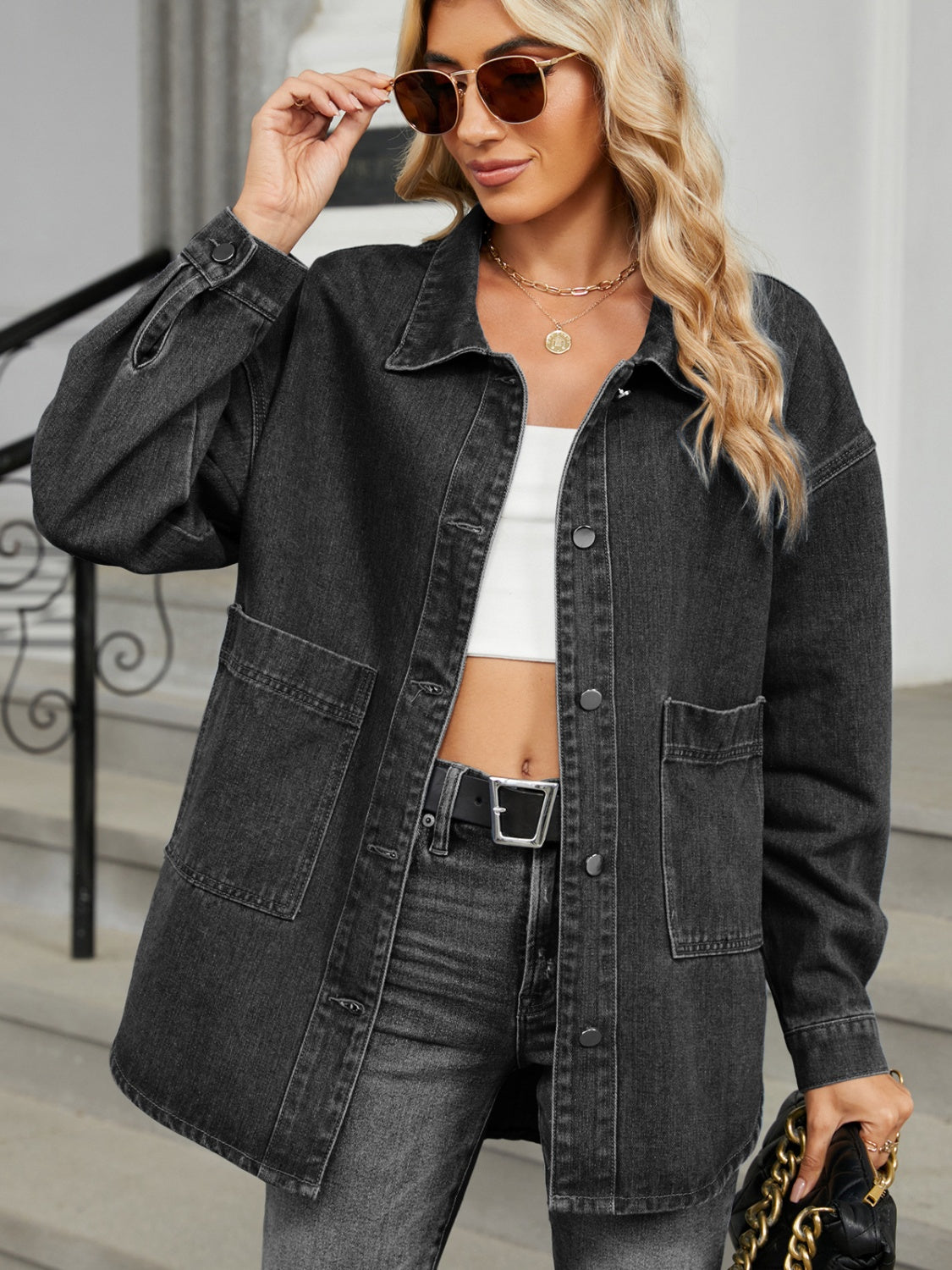 Removable Hood Button Up Long Sleeve Denim Jacket - Black / S