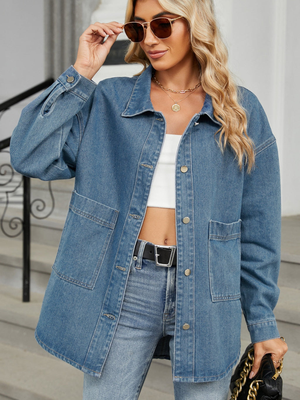 Removable Hood Button Up Long Sleeve Denim Jacket - Medium / S