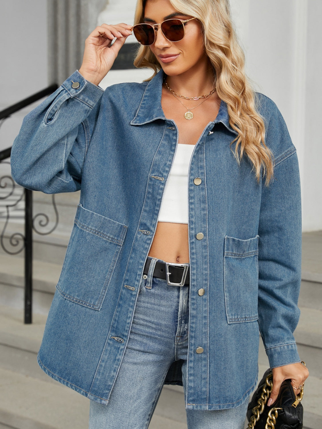 Removable Hood Button Up Long Sleeve Denim Jacket - Medium / S
