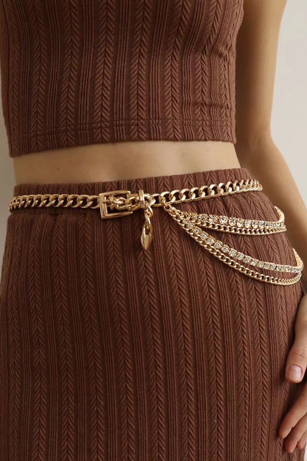 Rhinestone Decor Metal Chain Belt - Gold / One Size
