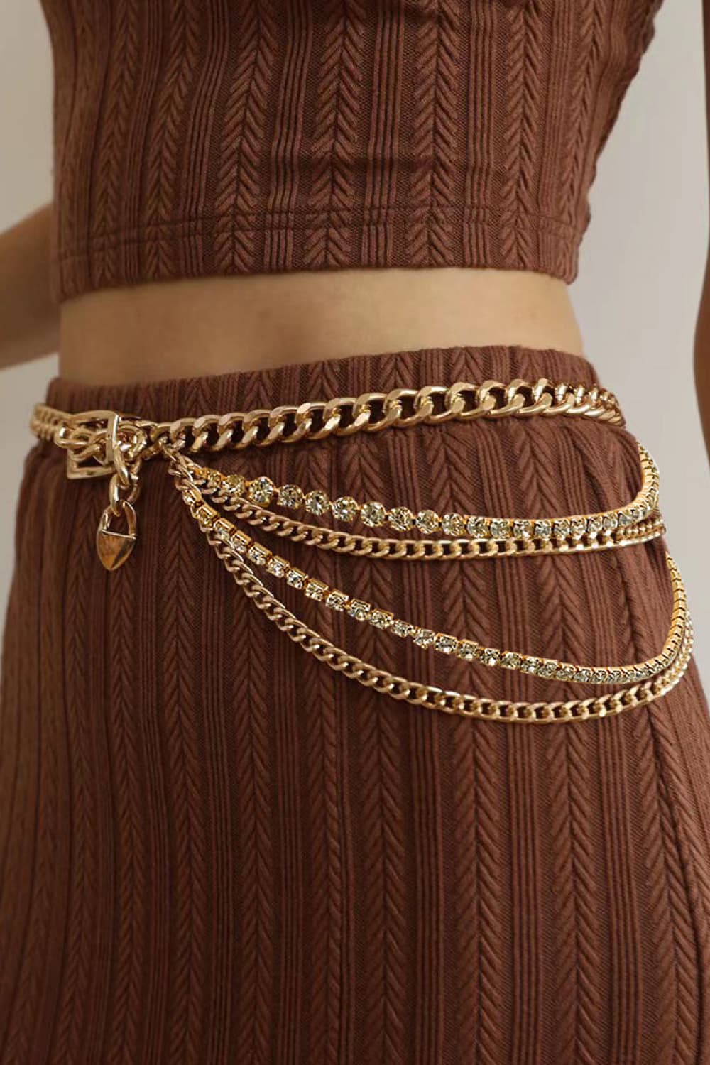 Rhinestone Decor Metal Chain Belt - Gold / One Size