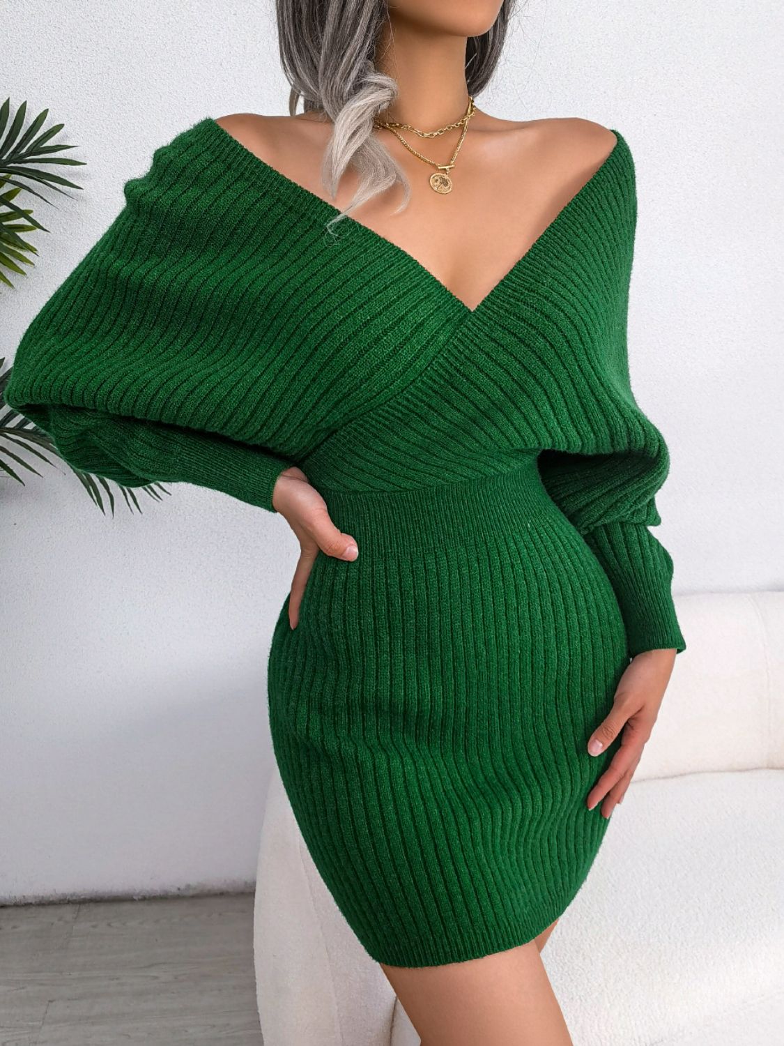 Rib-Knit Dolman Sleeve Sweater Dress - Green / S