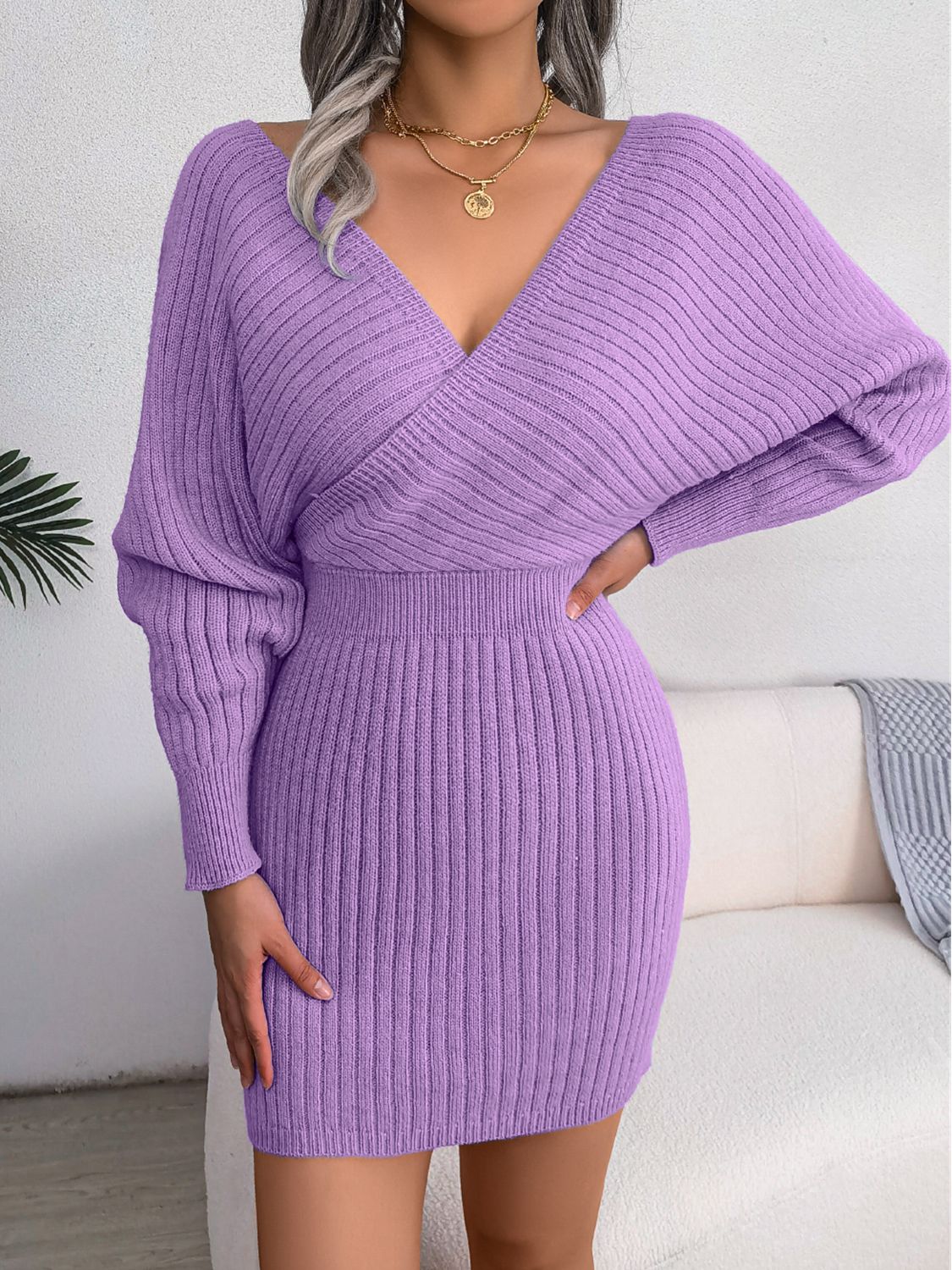 Rib-Knit Dolman Sleeve Sweater Dress - Heliotrope Purple / S