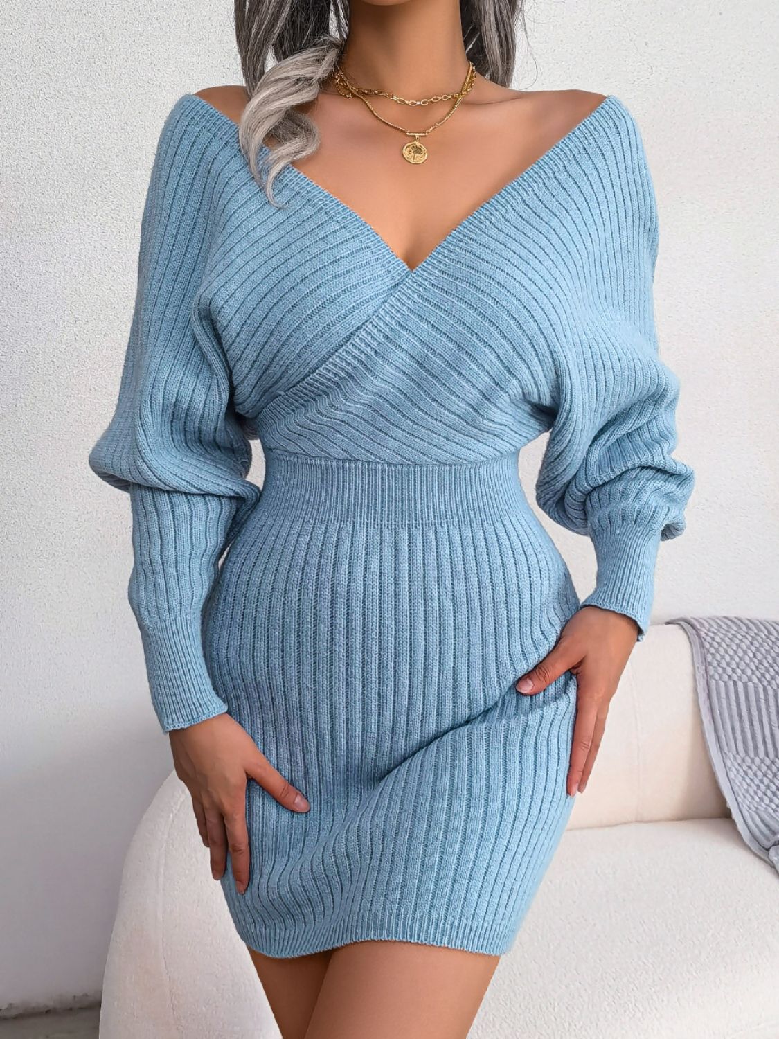 Rib-Knit Dolman Sleeve Sweater Dress - Sky Blue / S