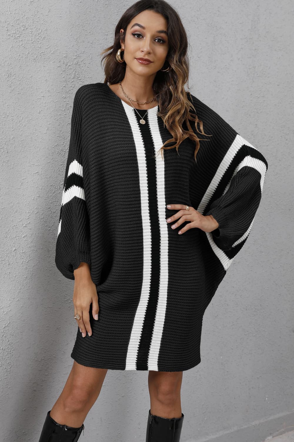 Ribbed Round Neck Long Sleeve Sweater Dress - Black / S