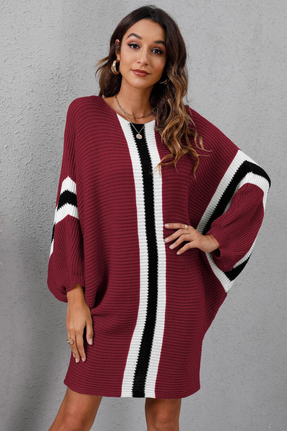 Ribbed Round Neck Long Sleeve Sweater Dress - Burgundy / S