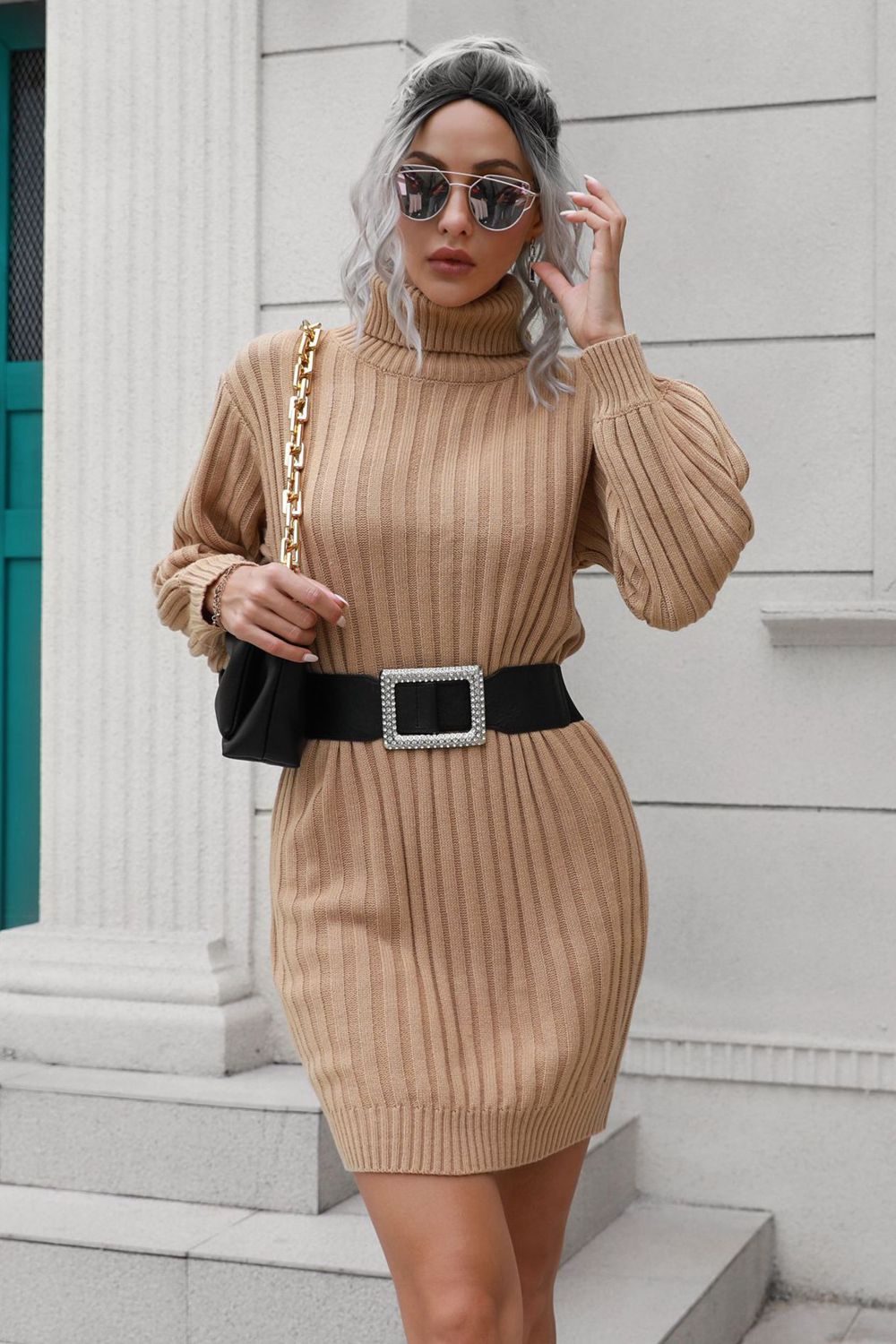 Ribbed Turtle Neck Long Sleeve Mini Sweater Dress - Camel / S