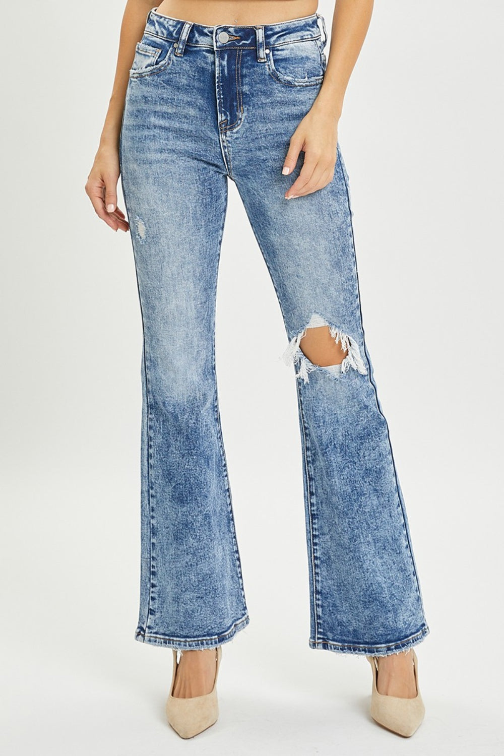 RISEN Full Size High Rise Distressed Flare Jeans - Acid Medium