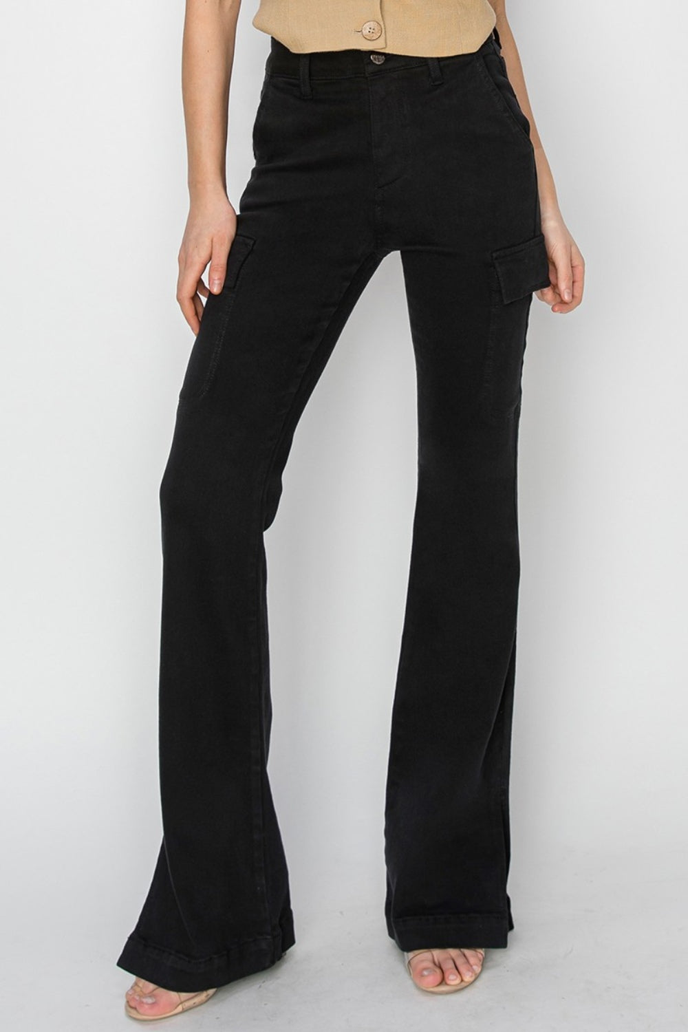 RISEN Full Size High Rise Side Slit Cargo Bootcut Jeans - Black / 0(24)