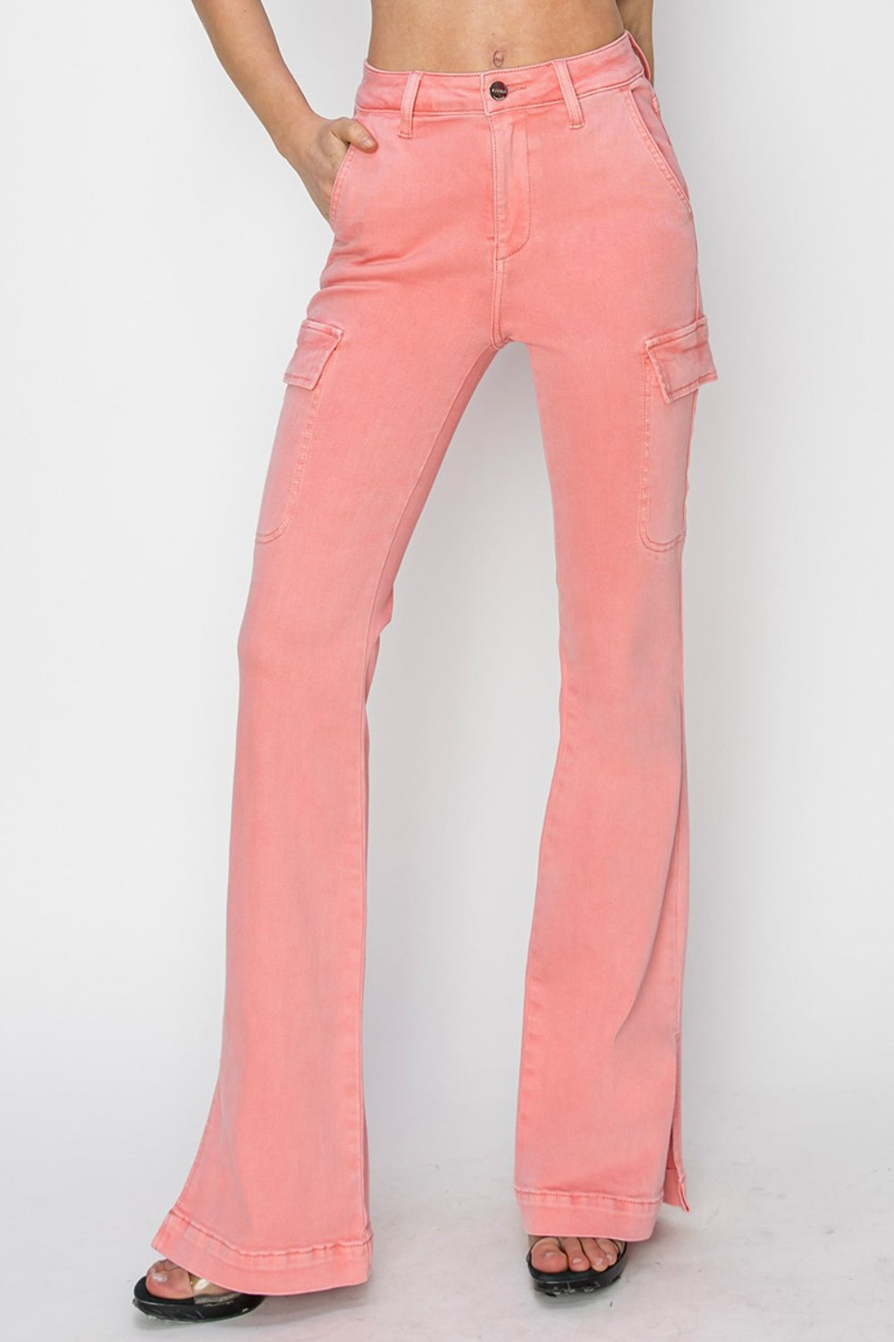 RISEN Full Size High Rise Side Slit Cargo Bootcut Jeans - Flamingo / 0(24)
