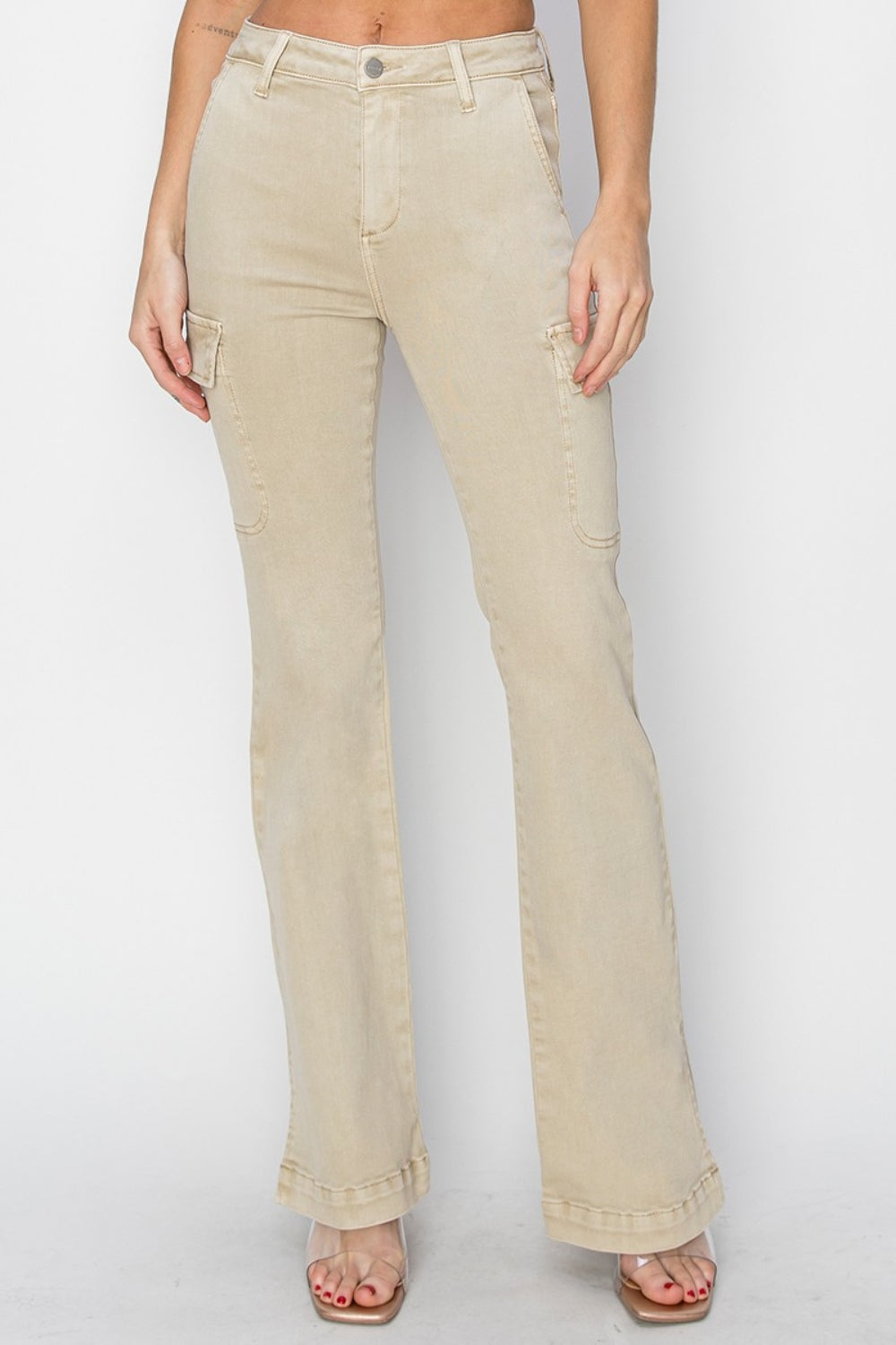 RISEN Full Size High Rise Side Slit Cargo Bootcut Jeans - Stone / 0(24)