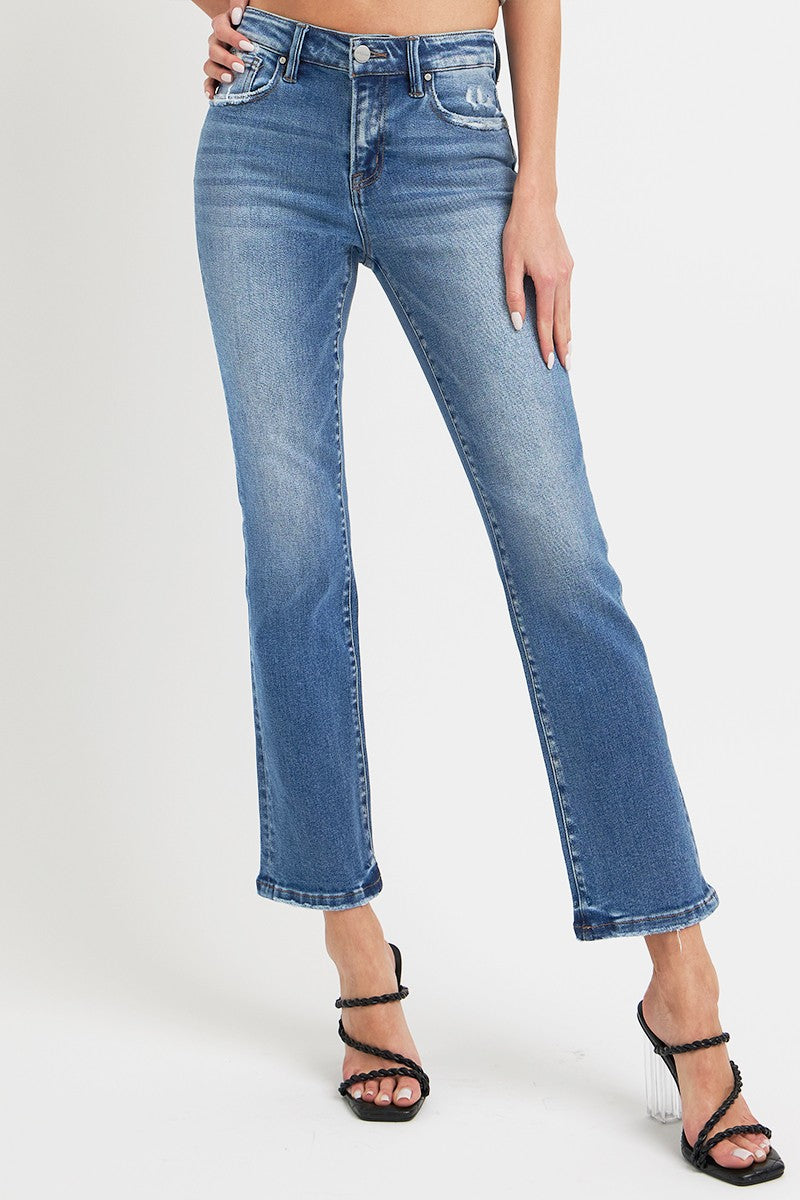 RISEN Full Size Mid Rise Ankle Straight Jeans with Pockets - Dark / 0(24)