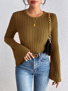 Round Neck Flare Sleeve T-Shirt - Olive Brown / S