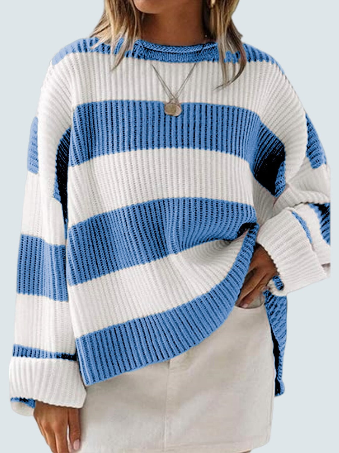 Round Neck Long Sleeve Sweater - Blue / S