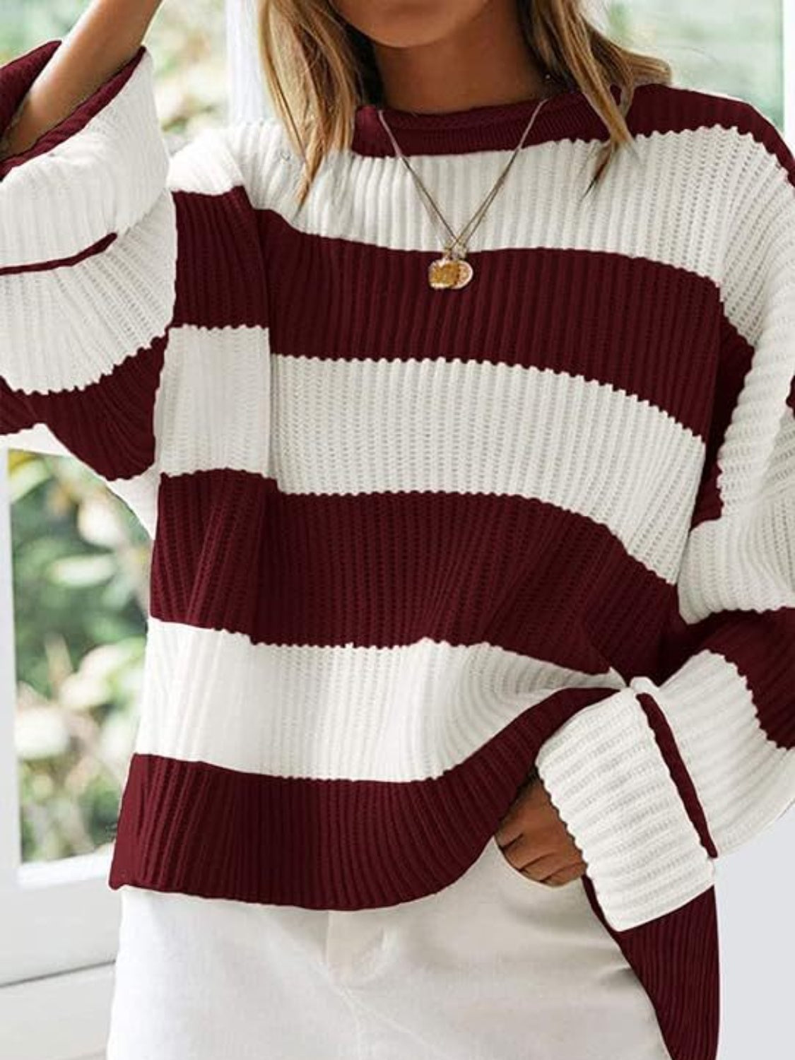 Round Neck Long Sleeve Sweater - Burgundy / S