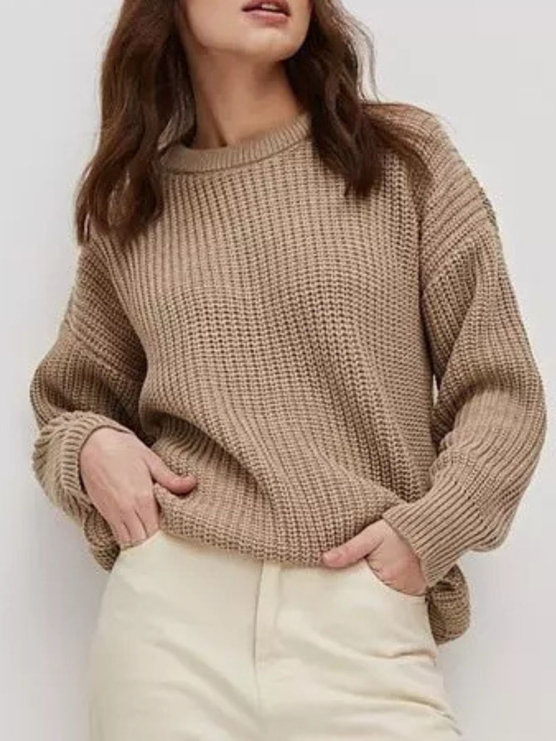 Round Neck Long Sleeve Sweater - Camel / S