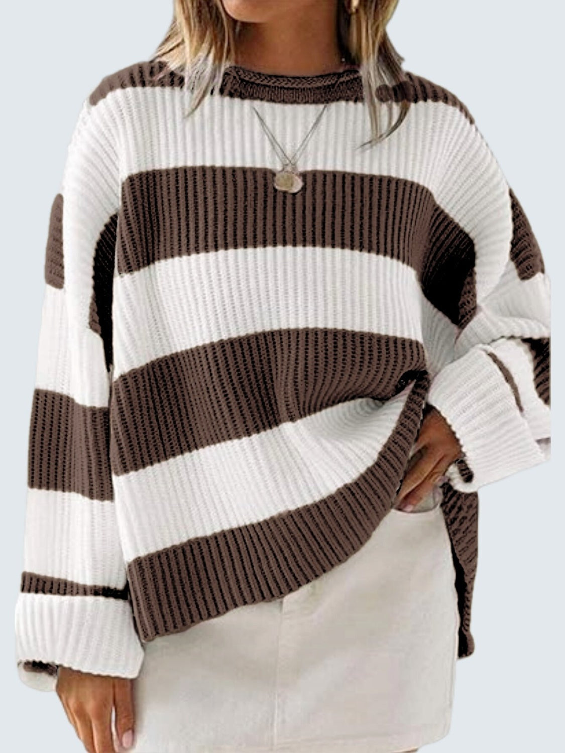 Round Neck Long Sleeve Sweater - Chocolate / S