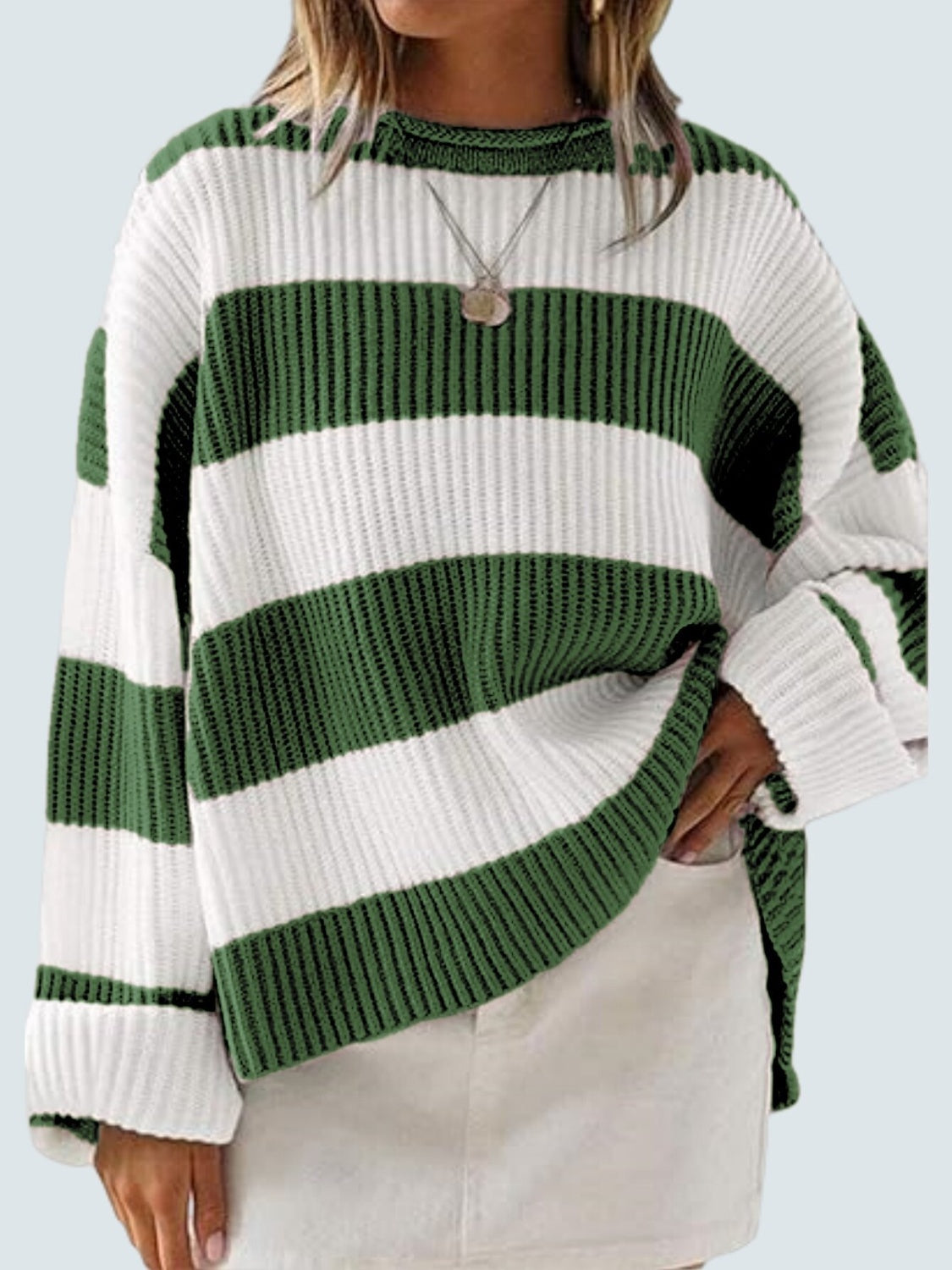 Round Neck Long Sleeve Sweater - Dark Green / S